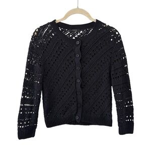 Theory Sweater Cardigan Womens Size S Black Crochet Knit Button Front Preppy